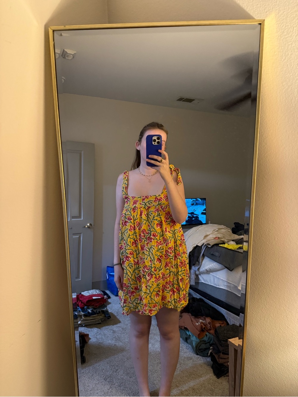 Yellow Floral Tie-Shoulder Mini Dress